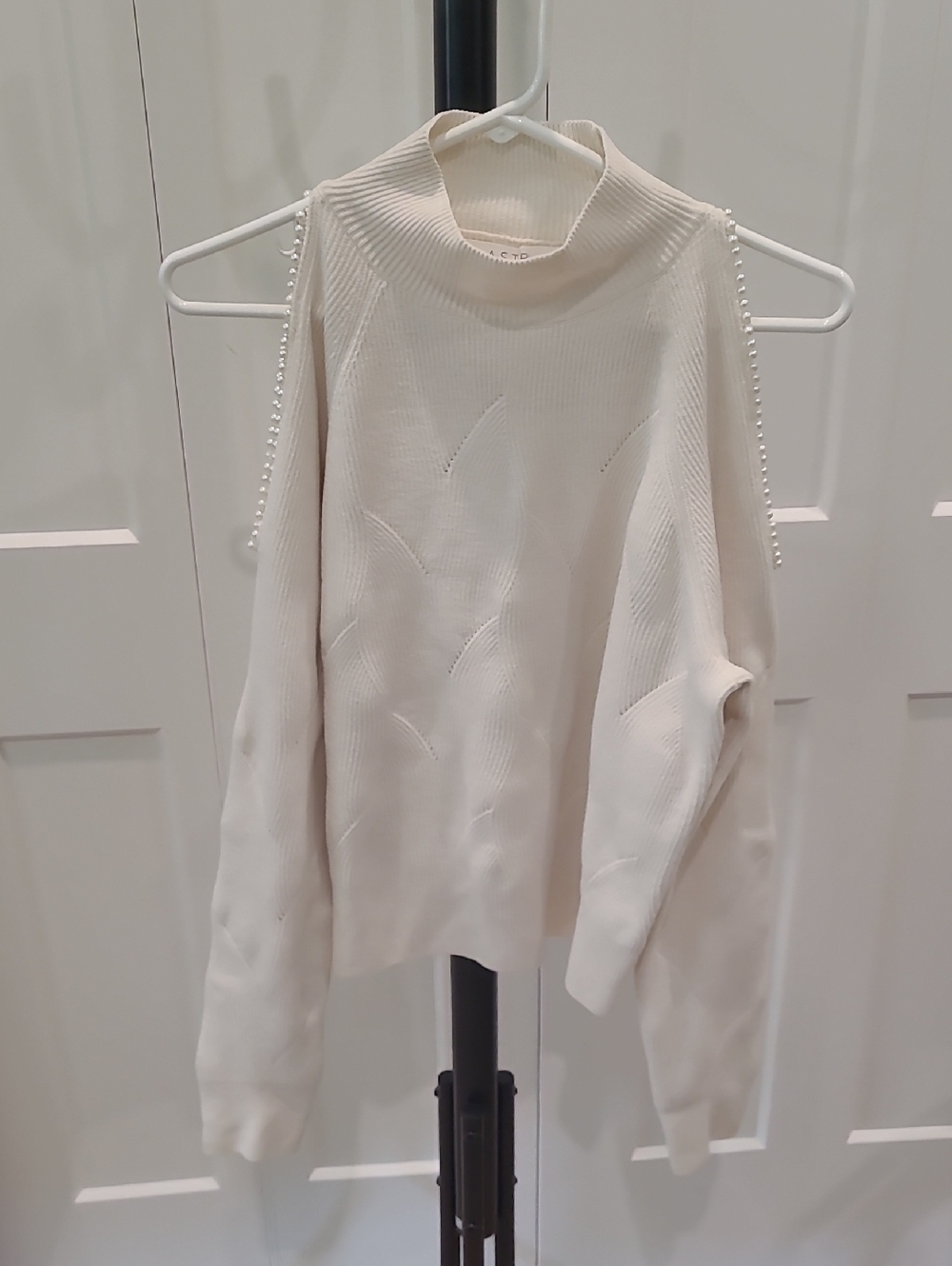 Astr Cream Cold-Shoulder Turtleneck Sweater with Pearl Trim